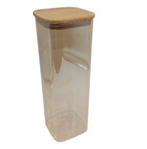 POTE VIDRO 25CM QUAD.TAMPA BAMBU ÂMBAR